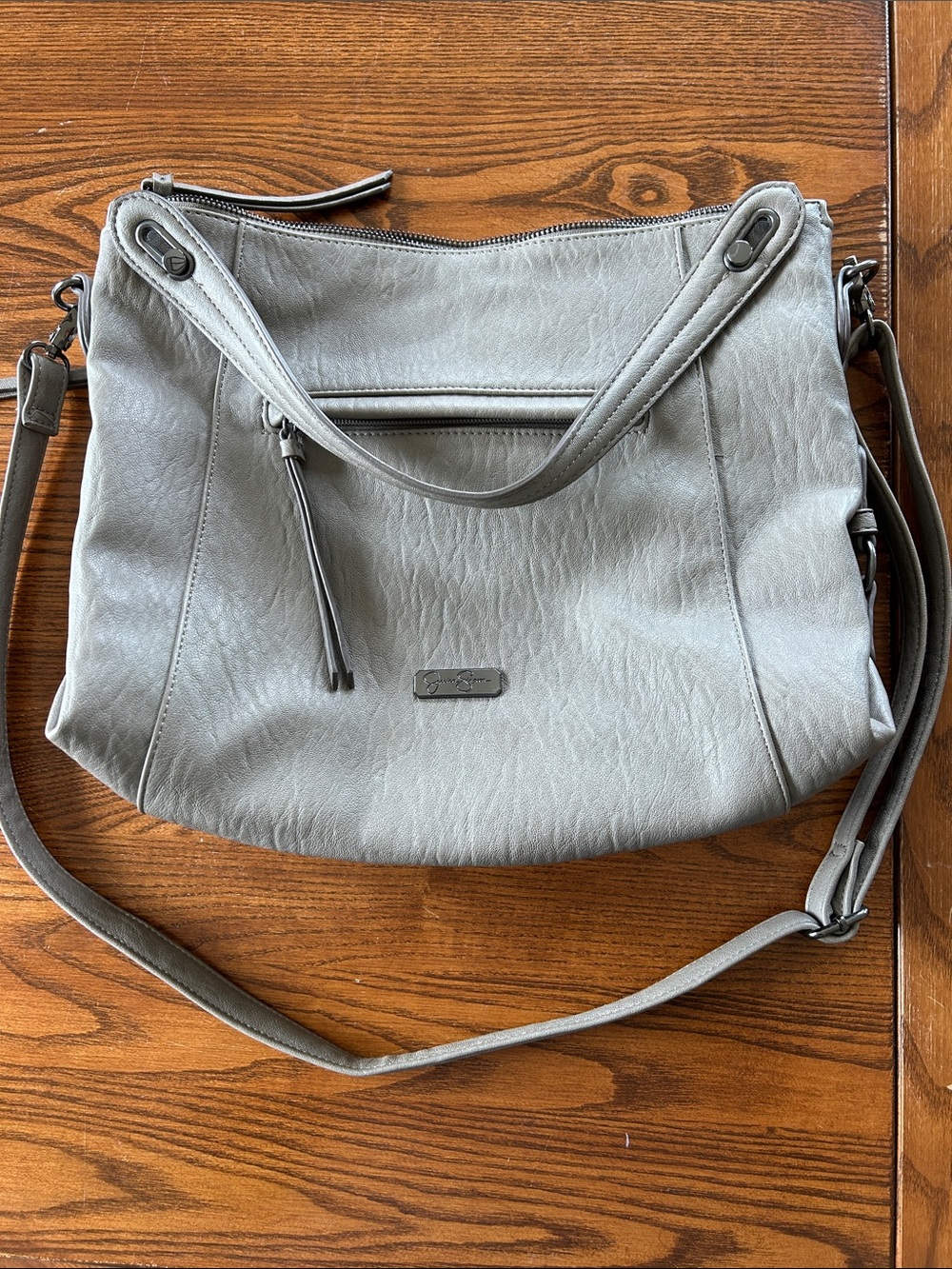 Jessica Simpson Light Gray Faux-Leather Shoulder Bag with Front Zip